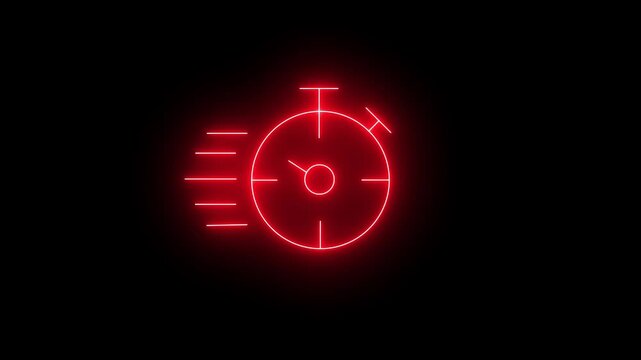 A bright red neon fast stopwatch icon on a black background, symbolizing speed, movement, deadline, countdown, fast delivery service, express and time management.