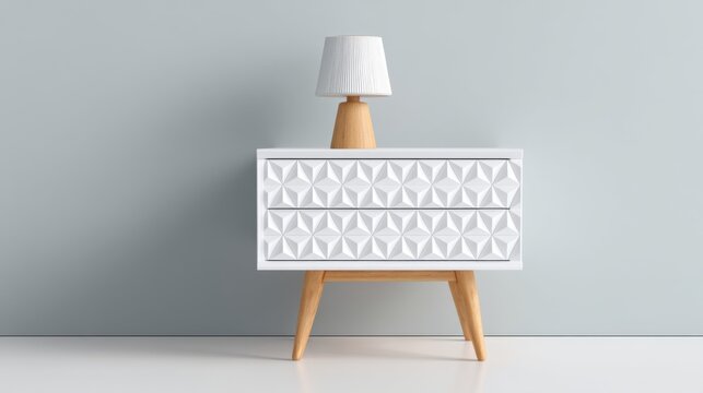 A small Scandinavian nightstand with a 3D relief geometric pattern on the drawer front, matte white finish, light wood legs, a designer lamp on top
