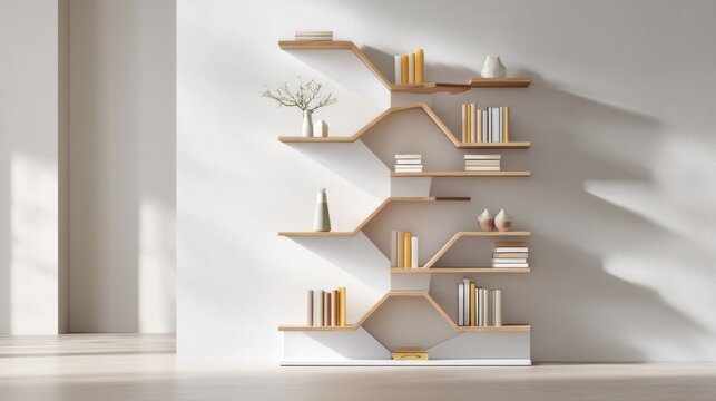 A tall Scandi bookshelf with a unique zigzag structural design, filled with books and small vases, white and light wood finish, minimalist wall background