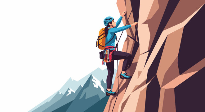 A rock climber wearing a backpack ascends a steep cliff face with a mountain range in the background, captured in a graphic illustration with vibrant colors.
