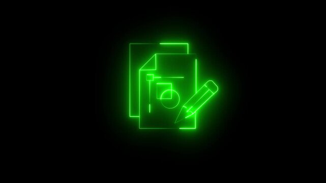 glowing  neon line icon animation representing project management content creation and creative strategy development with a gear pencil document and lightbulb on a dark background.
