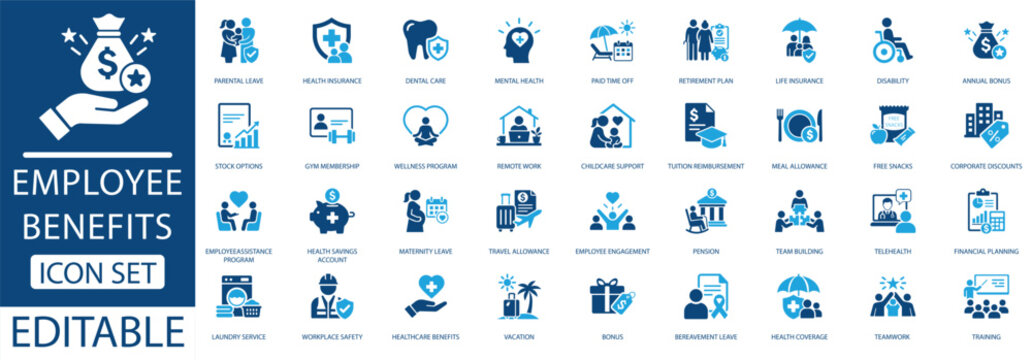 Employee benefits icon set. featuring corporate, human Resources, healthcare, insurance, finance, remote work, and workplace wellness programs.