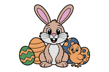 Obraz premium Cute easter bunny and chick illustration with decorated eggs