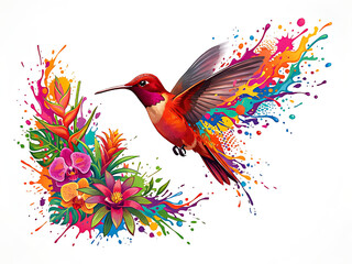 Fototapeta premium Vibrant Scarlet Hummingbird Tropical Floral Paint Splash Vector Illustration.
