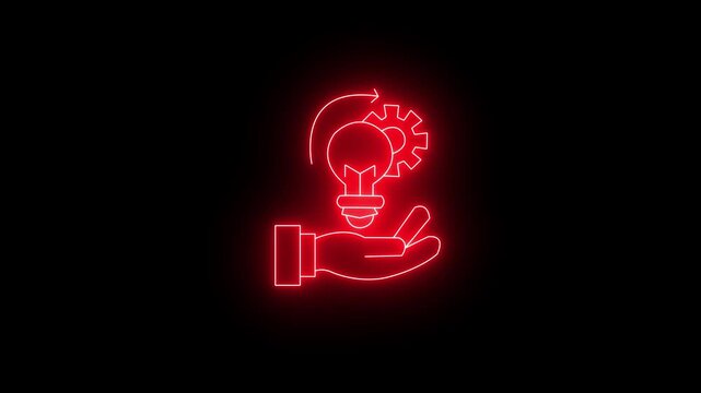 Neon light icon of a hand holding a light bulb with a gear symbol, representing innovation, creative process, and technical problem solving, glowing red on a black background.