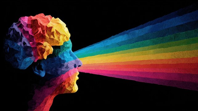 Colorful human head silhouette emitting rainbow light beams on black background