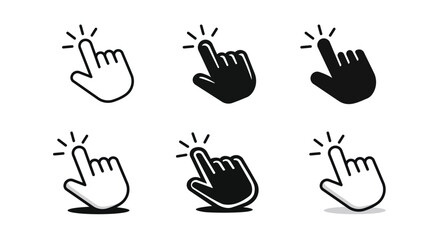 Fototapeta premium Hand click and touch gesture icon set featuring outline and solid styles. Perfect for UI, UX, mobile apps, websites, buttons, touchscreen interactions, navigation elements and digital interface design