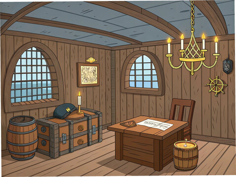 A pirate ship cabin interior with wooden walls, a chest, windows, a table, a chair, a hat, parchment, a chandelier with candles, a globe, and a barrel. A sea adventure. Vector illustration. Flat carto