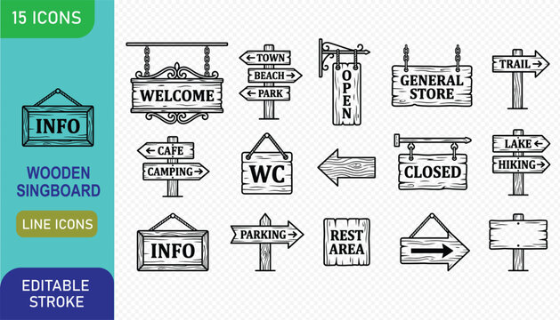 Collection of 15 editable wooden signboard icons in EPS format, featuring various directional and informational signs for general store, rest area, and more.