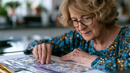Fototapeta premium Elderly woman in her seventies carefully comparing two versions of product packaging redesigns spread across a sunlit kitchen table, reading glasses on, evaluating label typography and material text
