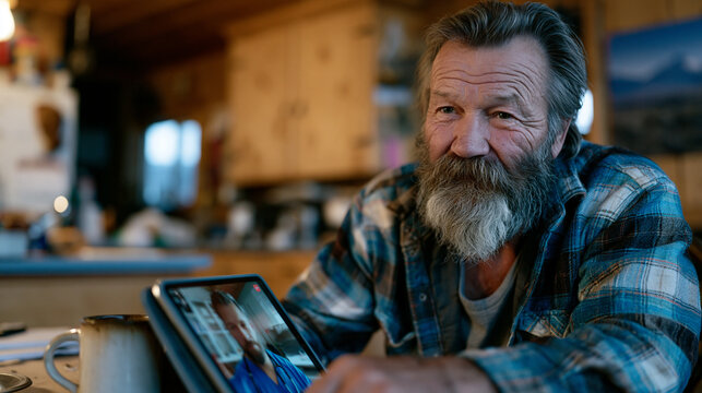 Elderly rancher in a worn flannel shirt sitting at a kitchen table in a sparse Wyoming farmhouse, a tablet propped against a coffee mug displaying a video call with a physician, telehealth rural acc