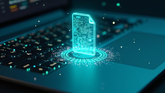 Holographic digital document file appearing on laptop keyboard.