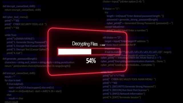 Teal decrypting files Progress Bar on a Background of Computer Code loading programming. 4K Cyber Decryption Interface Loop