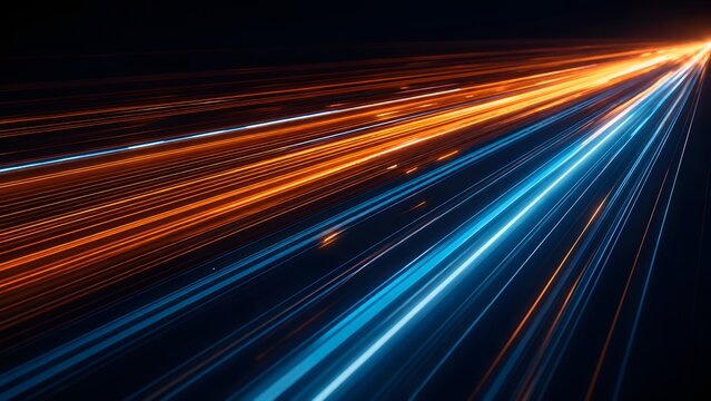 High speed abstract light trails in bright orange and blue colors over a black background. Futuristic dynamic lines pattern suitable for data network concepts and fast motion designs.