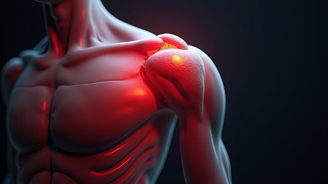 Human shoulder joint anatomy highlighting inflammation and pain.