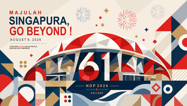 Singapore National Day 2026 banner with geometric National Stadium illustration. Features  low-poly abstract shapes, festive fireworks, and official Majulah Singapura Go Beyond theme for NDP 2026