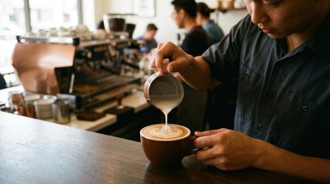 Barista pouring milk into coffee cup, creating latte art in a cafe setting, close-up shot.