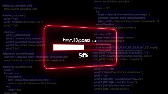 Teal firewall bypassed Progress Bar on a Background of Computer Code loading programming. 4K Cyber Security Alert Animation