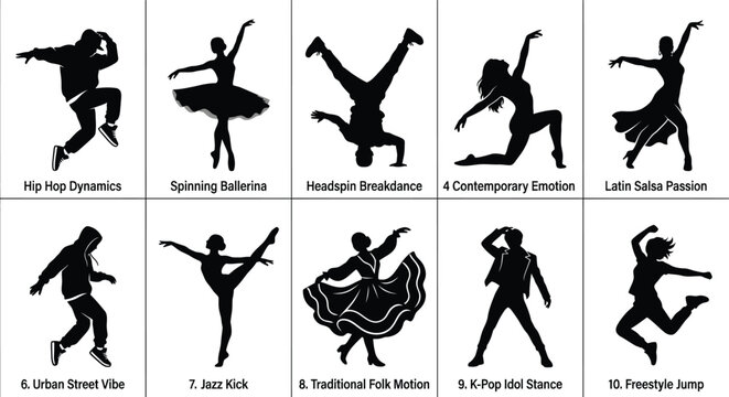 Silhouettes of dancers in various poses black on white background dancer dancing figure pose movement choreography ballet hip hop breakdance salsa folk dance k pop freestyle black and white