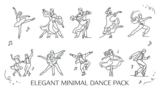Ballroom dancers in line art style depicting various poses and partnership formations dancing dance ballerina ballerinas waltz tango foxtrot paso doble outline sketch drawing illustration