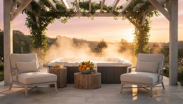 Luxury outdoor hot tub patio at sunset with comfortable lounge chairs.