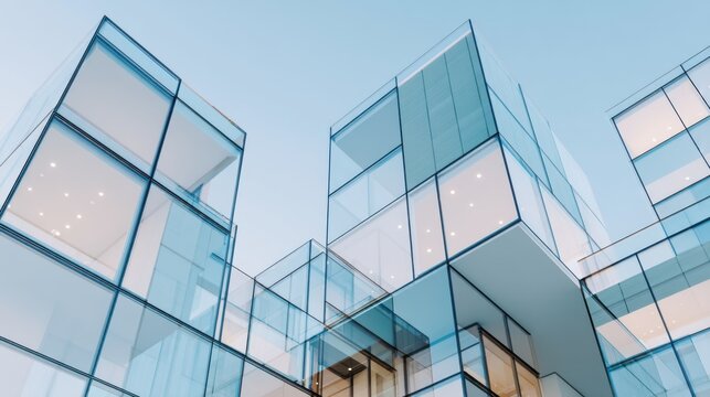 transparent glass structures forming factory shapes, soft reflections, minimal composition, clean industrial concept, large empty space for text