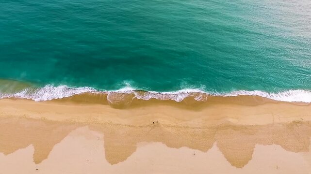 Aerial view of a serene beach with turquoise ocean waves gently lapping the shore.