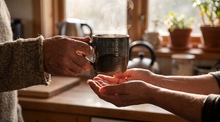 care tea comfort support warmth hands kindness home reassurance wellbeing Contextual composition adds environment and practical meaning Warm tea is placed into another person hands as a simple