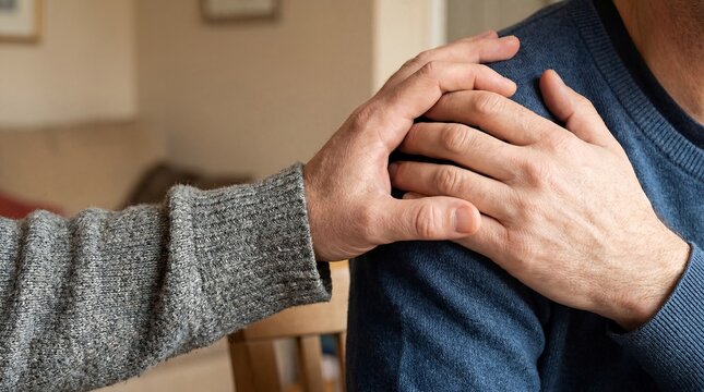 friend support shoulder comfort empathy care reassurance touch compassion connection Intimate composition emphasizes touch and personal emotion A caring hand squeezes a friend shoulder during a
