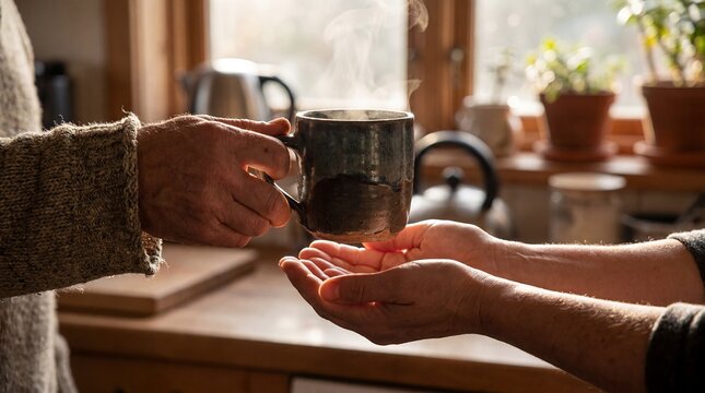 care tea comfort support warmth hands kindness home reassurance wellbeing Contextual composition adds environment and practical meaning Warm tea is placed into another person hands as a simple
