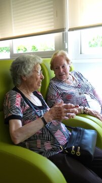 Two cheerful senior women talking and gesturing while sitting in comfortable armchairs. Concept of friendship, aging, and companionship