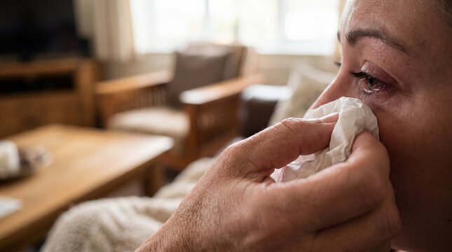 emotional support tissue crying tears comfort empathy care healing compassion Contextual composition adds environment and practical meaning A person offers a tissue to someone with tearful eyes
