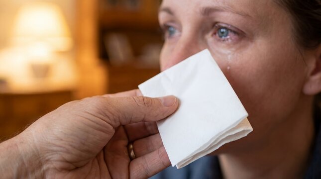 emotional support tissue crying tears comfort empathy care healing compassion Intimate composition emphasizes touch and personal emotion A person offers a tissue to someone with tearful eyes creating