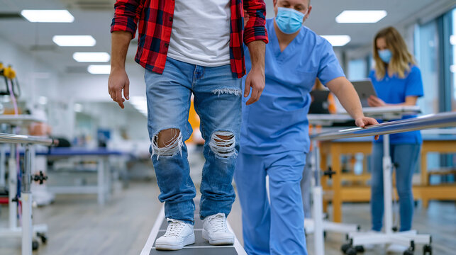 Physical therapist guides a construction worker through balance beam gait exercises in a rehabilitation gymnasium six weeks after a traumatic brain injury, parallel bars flanking the session while o