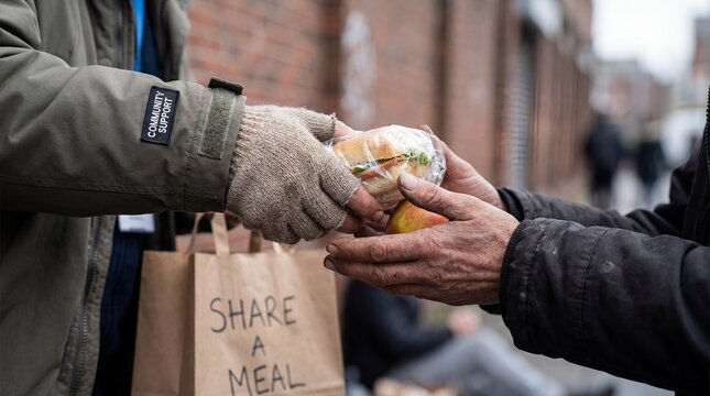 volunteer food charity hunger help homelessness community support donation compassion Contextual composition adds environment and practical meaning A volunteer gives a prepared meal to a person in
