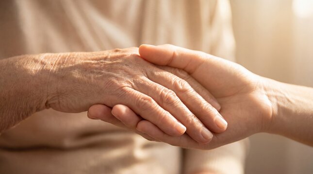 hands support care comfort connection trust compassion touch reassurance healing Contextual composition adds environment and practical meaning Younger and older hands clasp gently in warm light