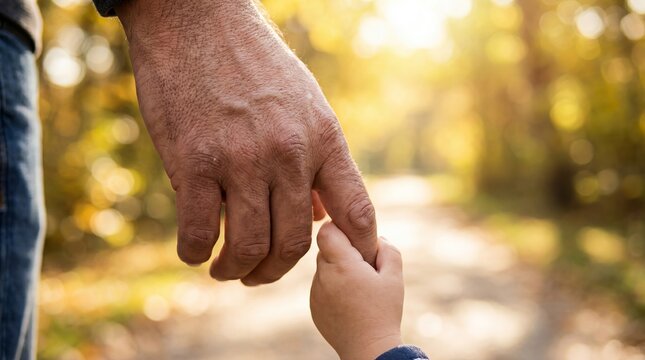 father child hands parenting protection family care walking trust connection Contextual composition adds environment and practical meaning A father holds a small child hand during a walk through a