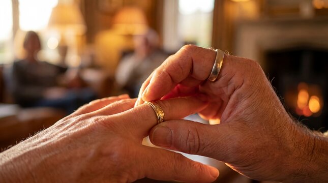 wedding ring marriage reconciliation love commitment couple hands relationship renewal Contextual composition adds environment and practical meaning A wedding ring is gently returned to a partner