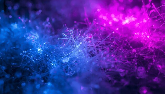 Close-up of glowing monocular plastic fibers in a dark futuristic environment