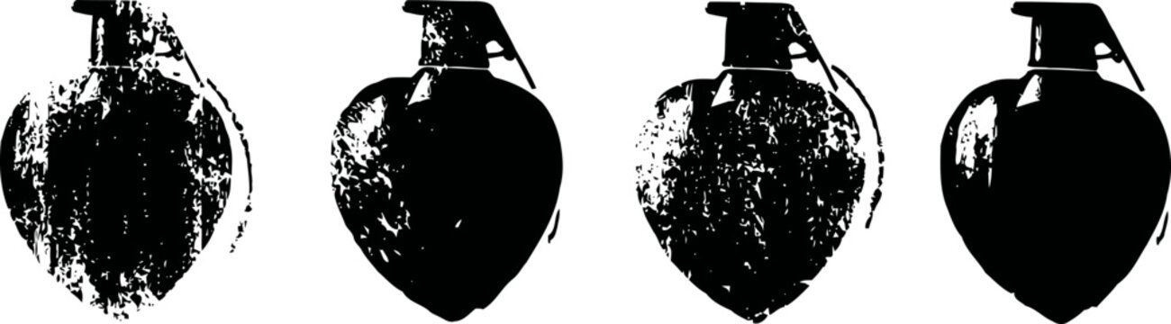 four hand grenades silhouette isolated on white background, explosive military ordinance