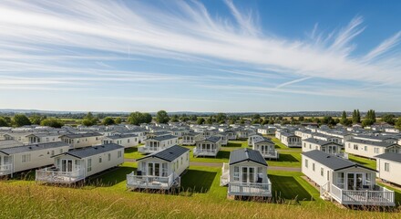 Fototapeta premium Modern Static Caravans in a Large Holiday Park Under a Clear Blue Sky with Wispy Clouds