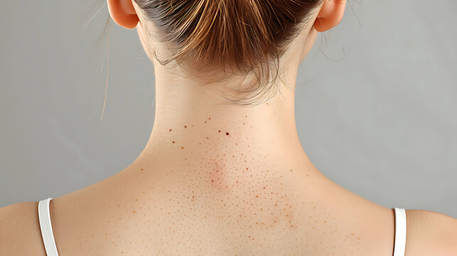 A photorealistic image of a woman's back, shown from behind, with a small melanoma lesion on her upper or mid-back. The mole is irregularly shaped, asymmetrical, with jagged dark brown and black edges