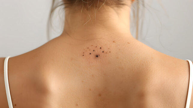 An image of a woman's back, shown from behind, with a small melanoma lesion on her upper or mid-back. The mole is irregularly shaped, asymmetrical, with jagged dark brown and black edges, and is sligh