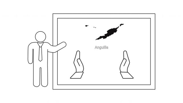 Man presenting Anguilla map and hand gestures on a whiteboard.
