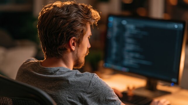 Man focused on coding at glowing monitor
