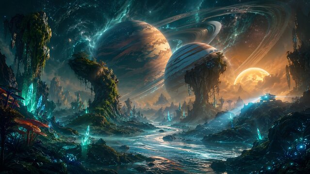 Alien planet sci fi landscape digital illustration showing glowing turquoise crystals and massive gas giant planets in space. Suitable for outer space wallpapers and game designs.