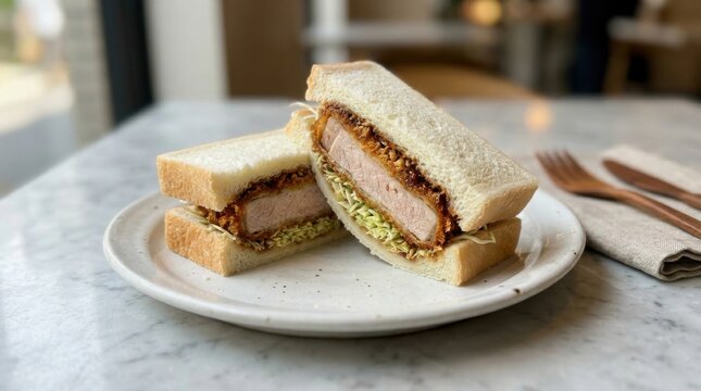 Japanese pork cutlet sandwich sando on white plate with sandwich, tonkatsu