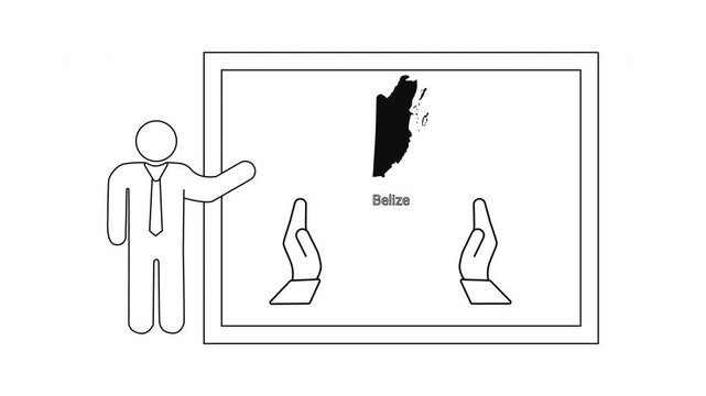 Man presenting Belize map and hand gestures on a whiteboard.