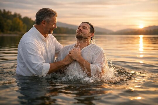 Christian Baptism Ceremony in Lake at Sunset