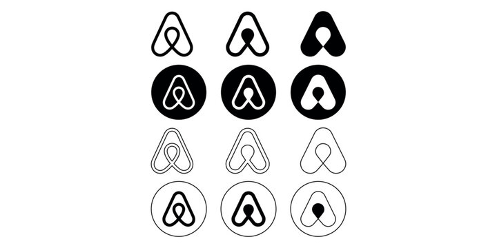 Set of minimalist airbnb style logo variations featuring stylized capital letter A symbols for modern branding identity design and web application usage.